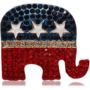 Rhinestone Elephant USA Flag Brooch Pin for Women Men Gold-Tone Fashion Blue